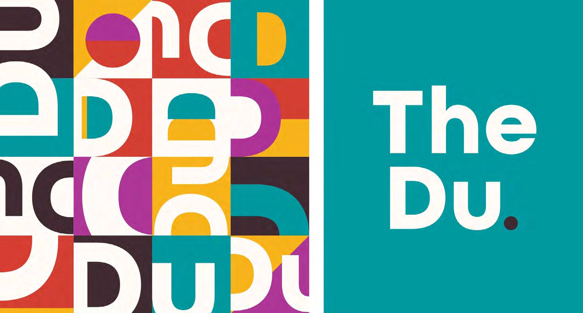 The DuSable identity system: a modular grid built from cut letterforms in red, teal, yellow and purple, alongside the teal "The Du." lockup