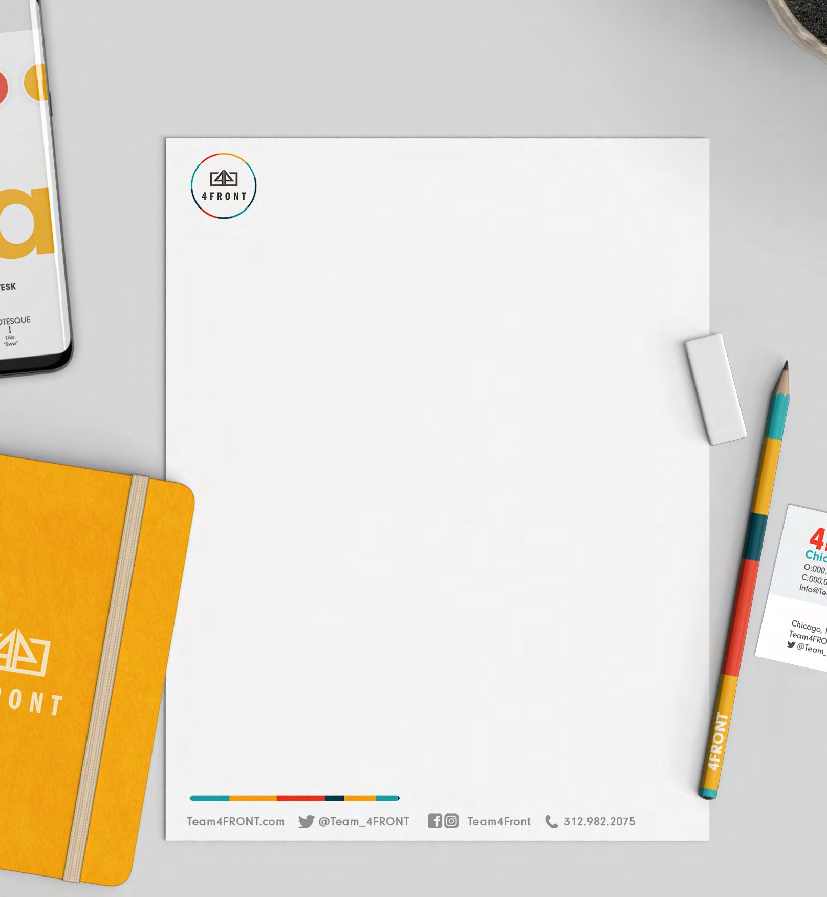 4FRONT brand identity applied across stationery, apparel, iconography and the company website