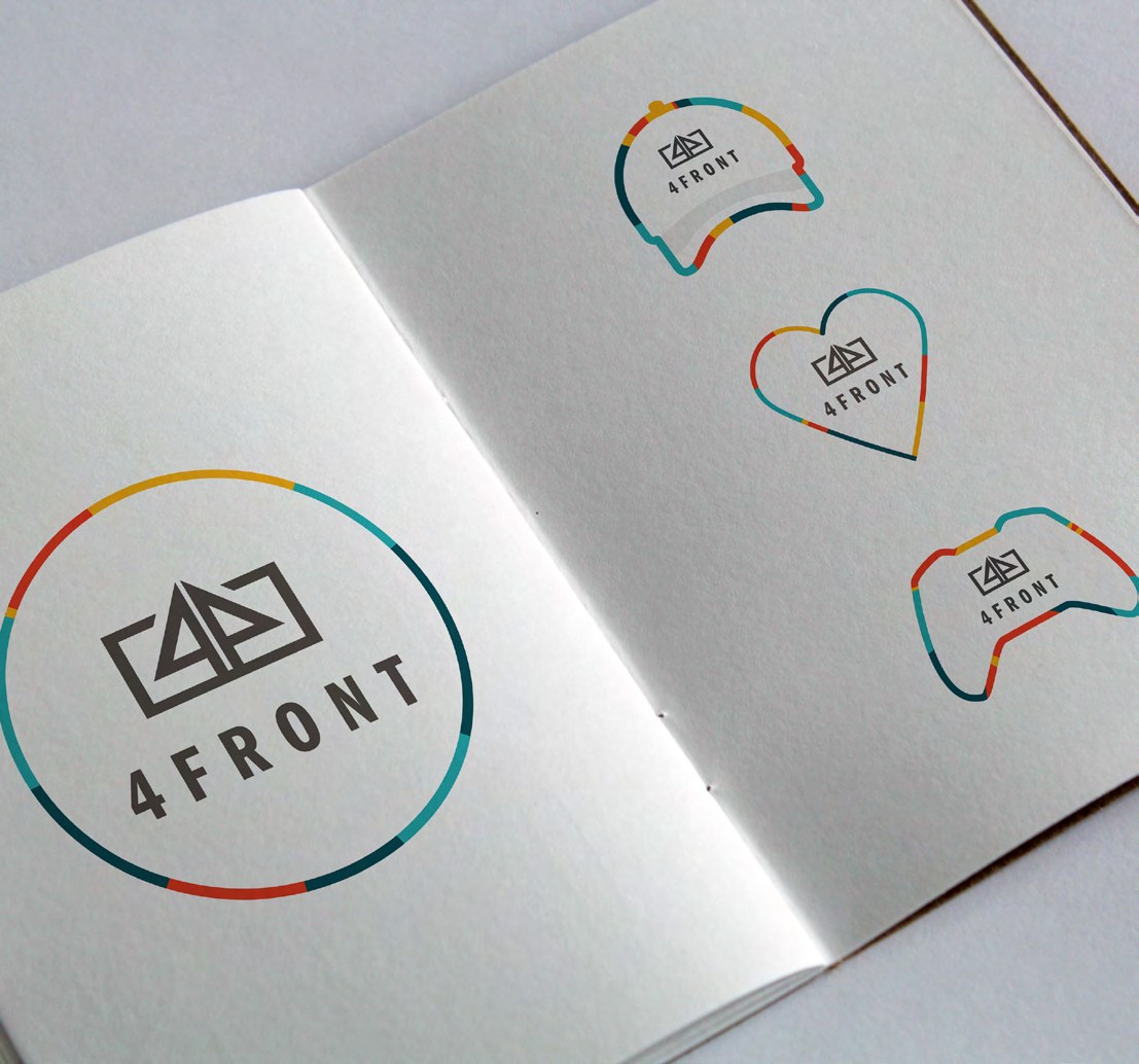 4FRONT brand identity applied across stationery, apparel, iconography and the company website