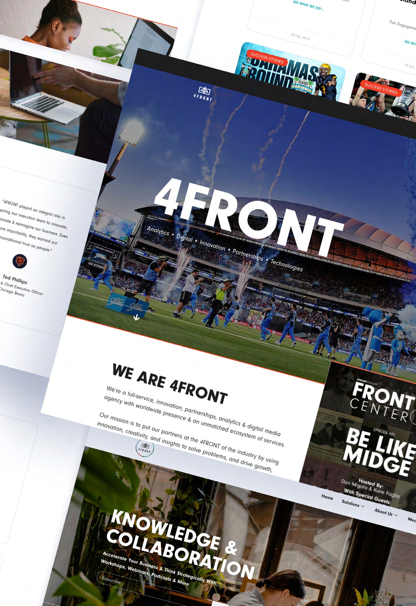 4FRONT brand identity applied across stationery, apparel, iconography and the company website