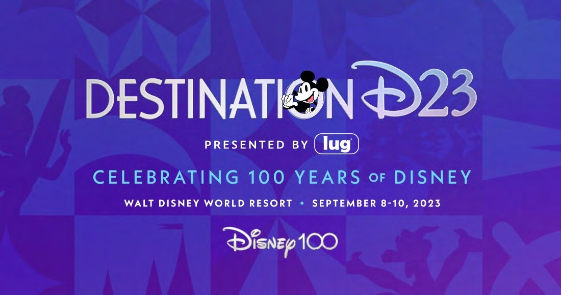 Destination D23 environmental and stage design for the Disney100 celebration, including custom character illustrations in Disney100 purple