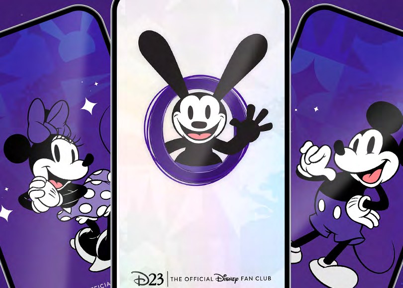 Destination D23 environmental and stage design for the Disney100 celebration, including custom character illustrations in Disney100 purple