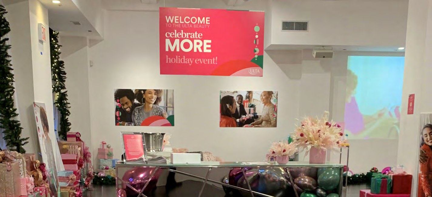 Ulta Beauty Celebrate More holiday influencer event: environmental graphics, printed collateral and branded backdrops