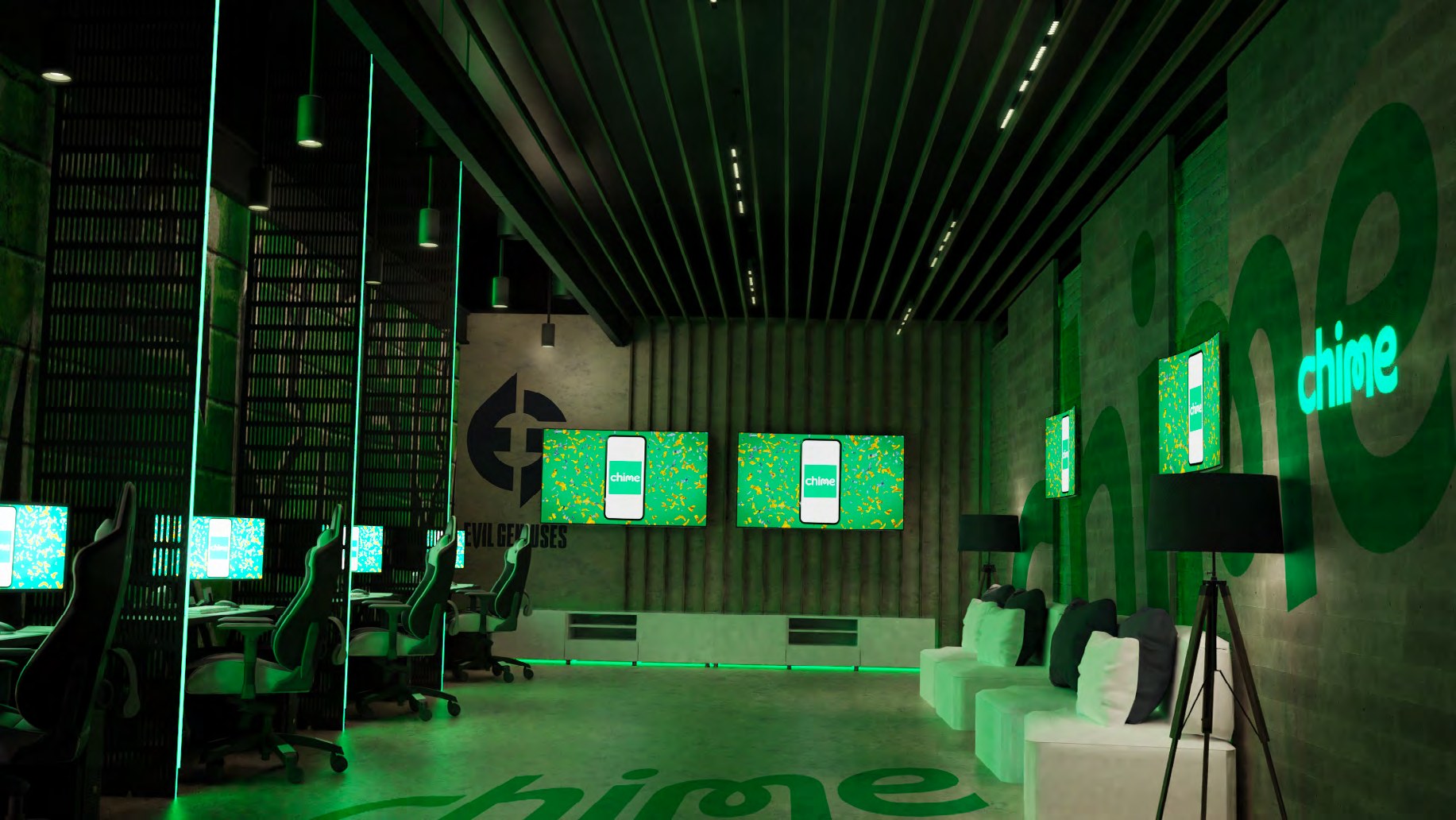 Evil Geniuses headquarters 3D visualisation showing sponsor-integrated environments