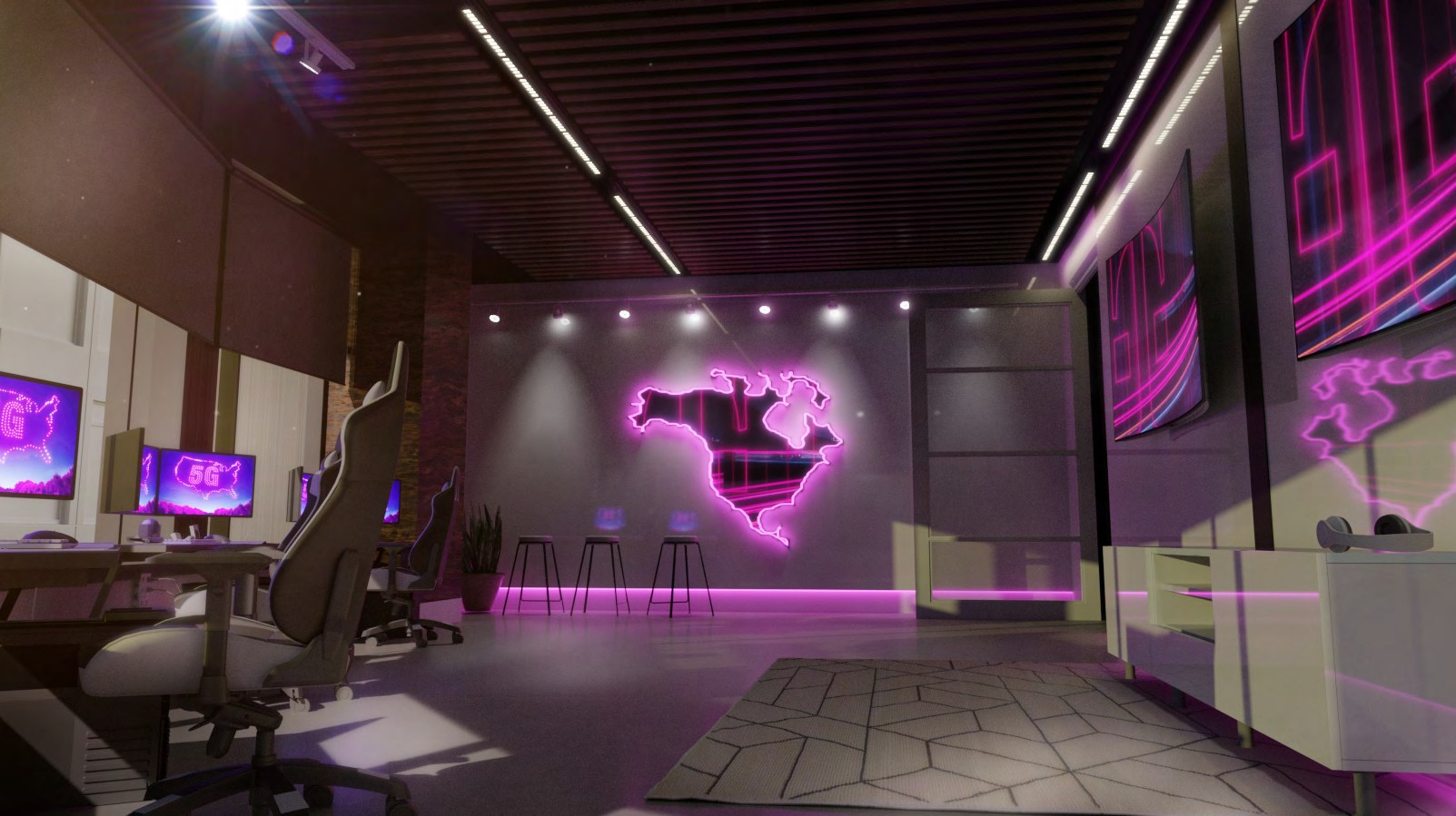 Evil Geniuses headquarters 3D visualisation showing sponsor-integrated environments