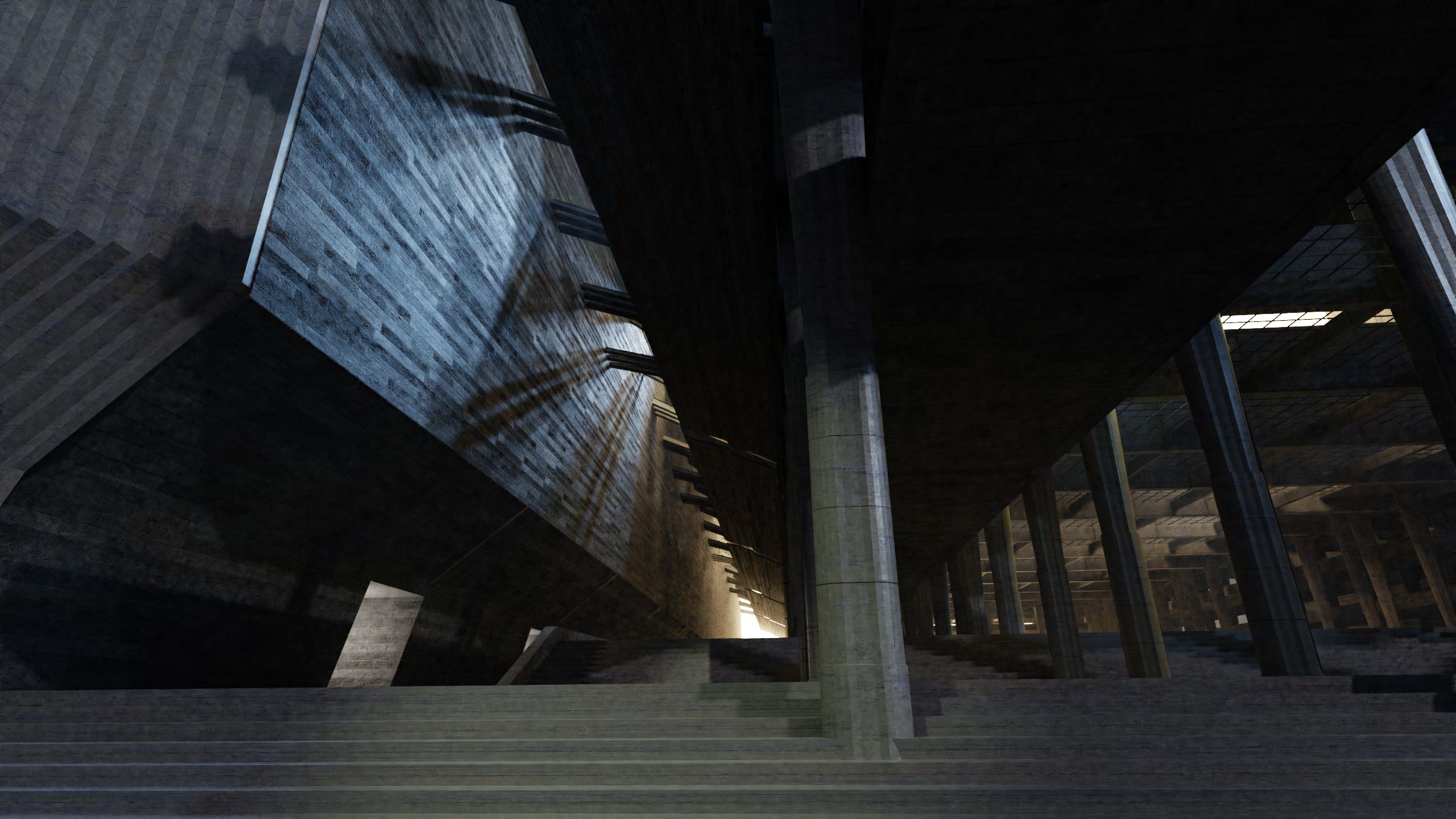 Untitled Influences: a constructed 3D environment of vast concrete architecture and raking light, with figures in sculptural garments