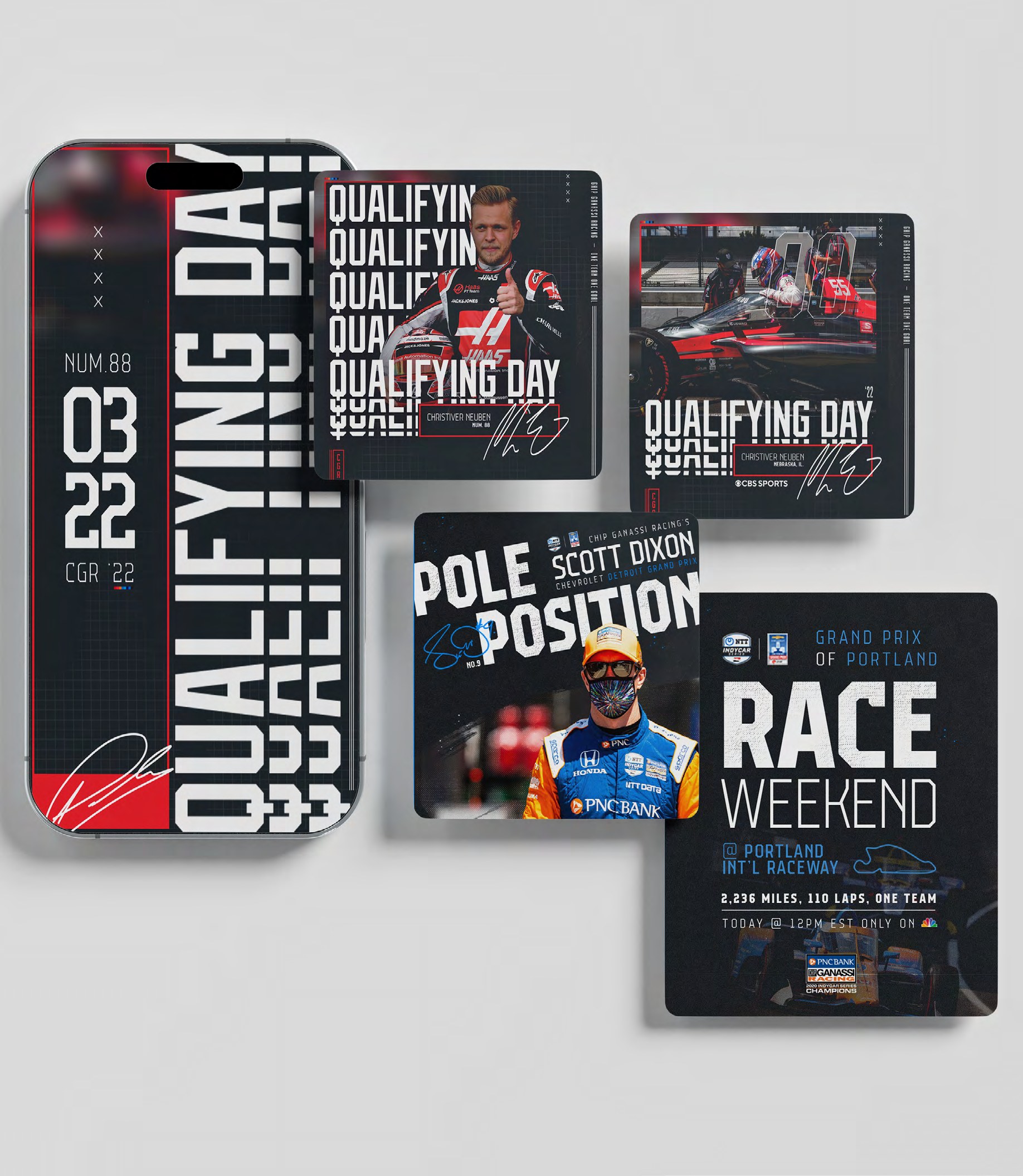 Chip Ganassi Racing social templates across IndyCar, Extreme E and IMSA, showing race-day and driver layouts